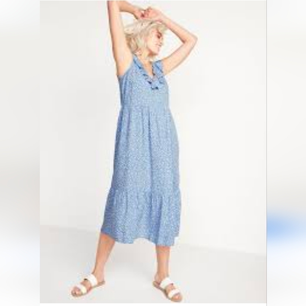 Old Navy Dress Blue Ditsy Ruffled V Neck Cottagecore, sz L